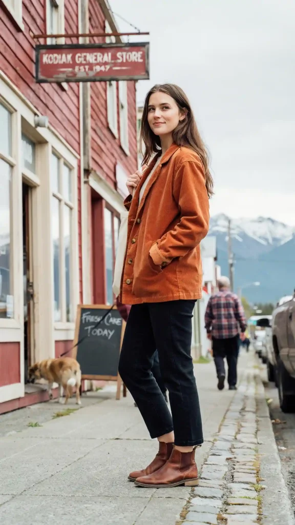 Burnt-Orange-Corduroy-Jacket-With-Cream-Basic-Tee-Dark-Jeans Burnt Orange Corduroy Jacket With Cream Basic Tee & Dark Jeans
