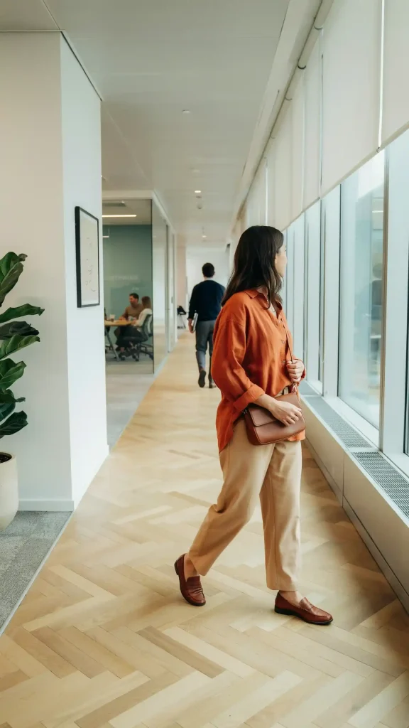 Burnt-Orange-Linen-Shirt-Over-Camel-Wide-Leg-Trousers Burnt Orange Linen Shirt Over Camel Wide-Leg Trousers