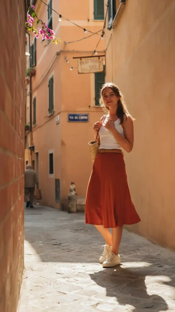 Burnt-Orange-Midi-Skirt-With-A-White-Tank-Top Burnt Orange Midi Skirt With A White Tank Top