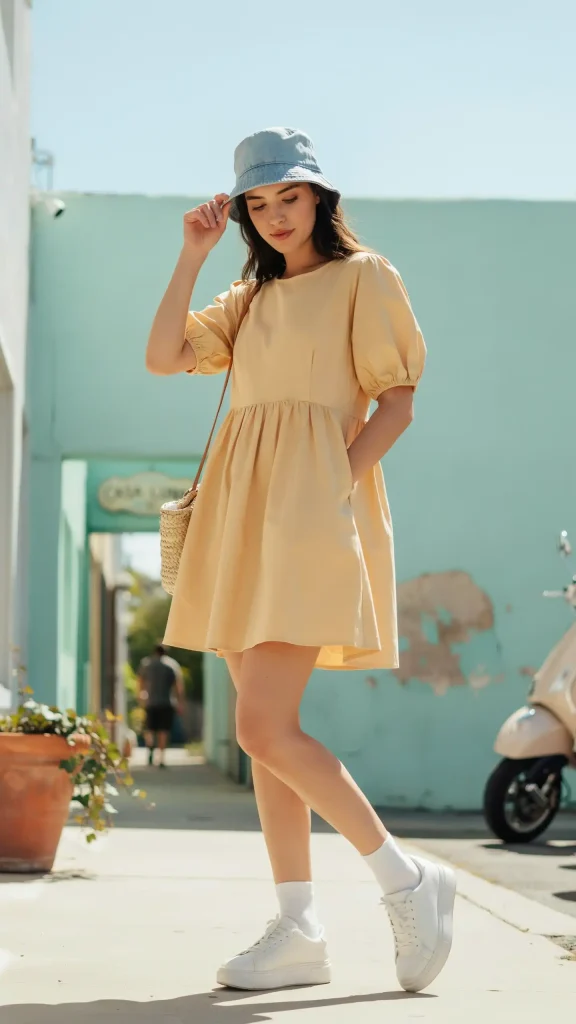 Butter-Yellow-Babydoll-Dress-with-Denim-Bucket-Hat Butter Yellow Babydoll Dress with Denim Bucket Hat