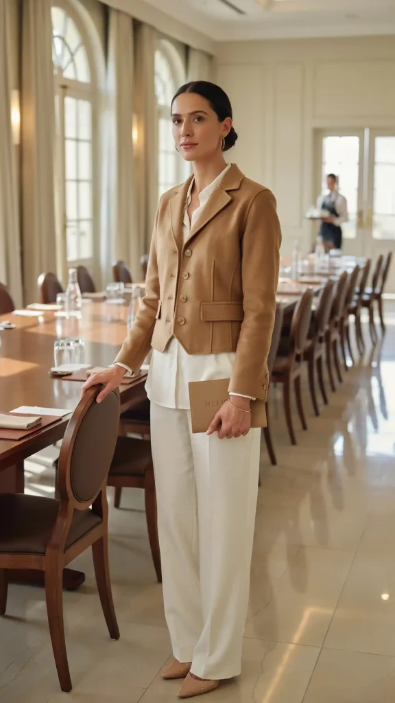 Camel-Tailored-Waistcoat-With-White-Flowing-Palazzo-Trousers Camel Tailored Waistcoat With White Flowing Palazzo Trousers