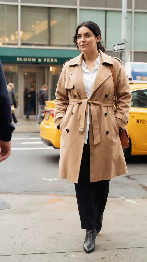 Camel Trench Coat with White Shirt & Black Pants