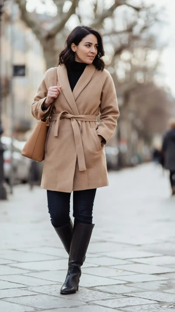 Camel Wrap Coat, Black Turtleneck and Straight-Leg Jeans