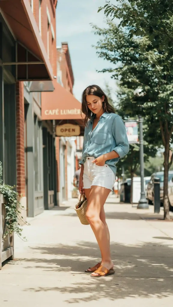 Casual-Button-Down-Denim-Shorts-Outfit Casual Button-Down Denim Shorts Outfit