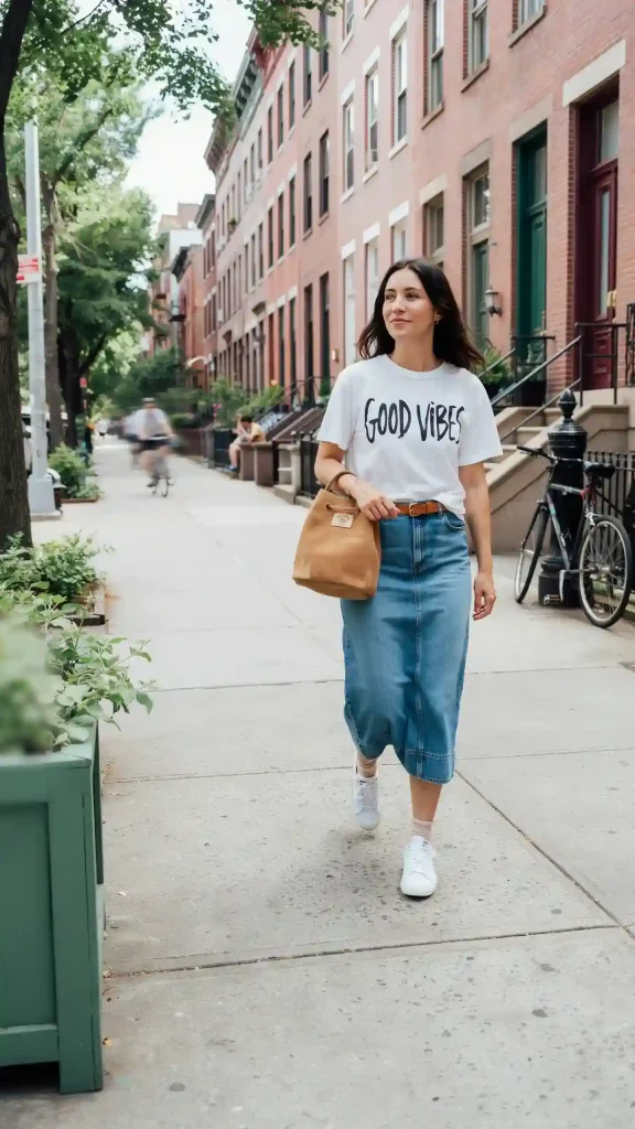 Casual Denim Midi Skirt with Graphic Tee Outfit