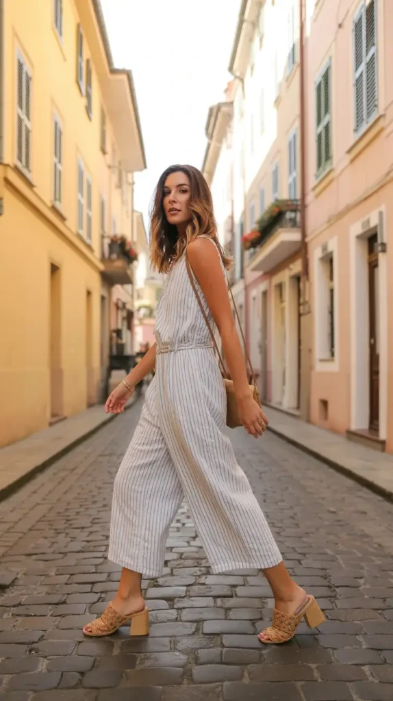 Casual-White-Blue-Striped-Linen-Jumpsuit Casual White & Blue Striped Linen Jumpsuit