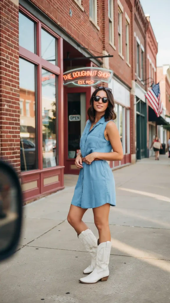 Chambray-Shirt-Dress-White-Western-Boots Chambray Shirt Dress White Western Boots