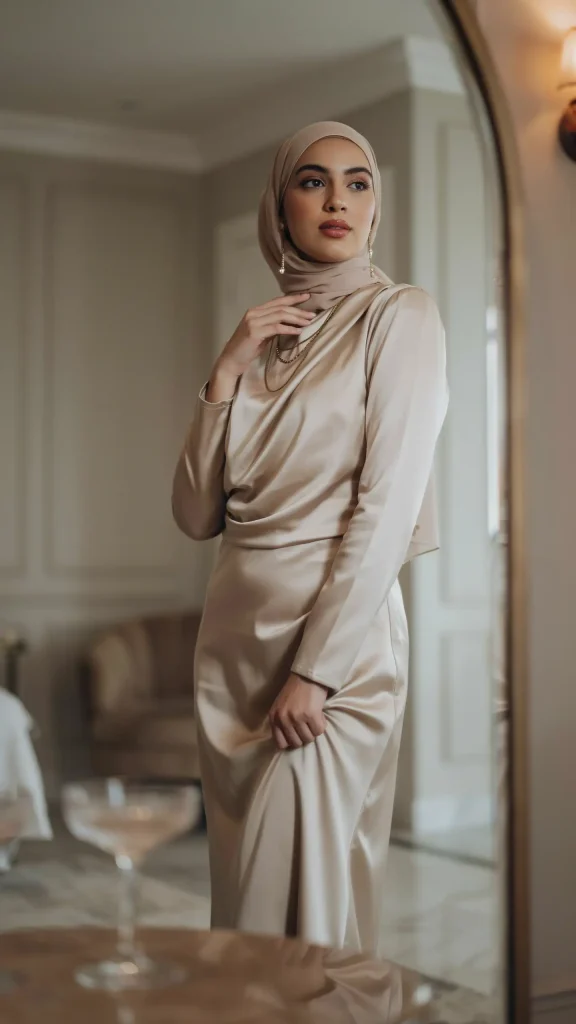 Champagne-Beige-Satin-Dress-With-Luxe-Modest-Summer-Appeal Champagne Beige Satin Dress With Luxe Modest Summer Appeal