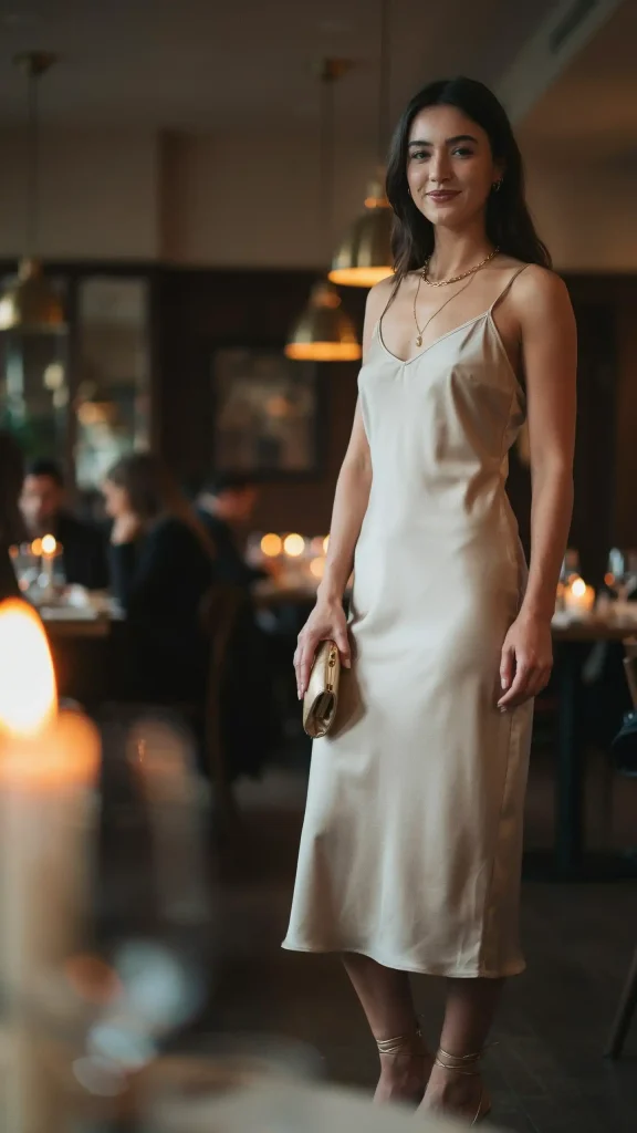 Champagne Color Satin Slip Dress With Thin Straps