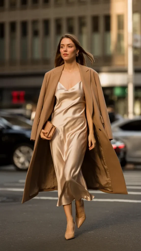 Champagne-Satin-Slip-An-Oversized-Camel-Blazer Champagne Satin Slip & An Oversized Camel Blazer