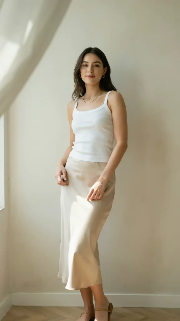 Champagne-Satin-Slip-Skirt-Styled-with-a-White-Ribbed-Tank-Top-and-Tan-Flat-Sandals Champagne Satin Slip Skirt Styled with a White Ribbed Tank Top and Tan Flat Sandals