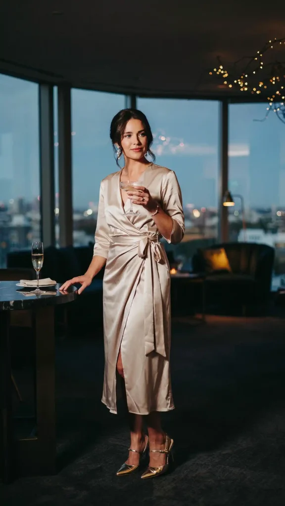 Champagne-Satin-Wrap-Dress-with-Metallic-Heels-Classy-Outfit Champagne Satin Wrap Dress with Metallic Heels Classy Outfit