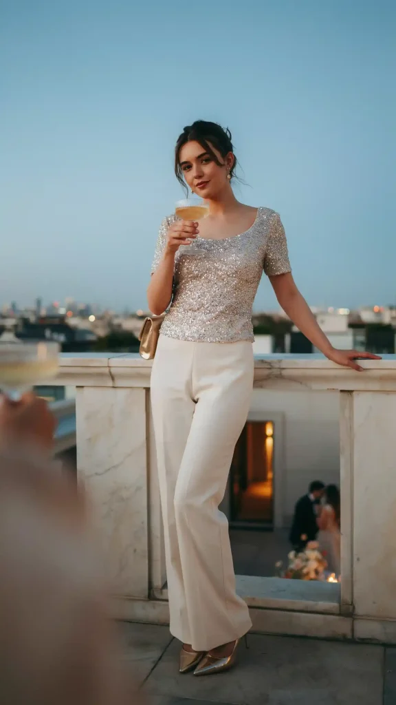 Champagne-Sequin-Short-Sleeves-Top-With-Cream-Pants-Gold-Heels Champagne Sequin Short Sleeves Top With Cream Pants & Gold Heels