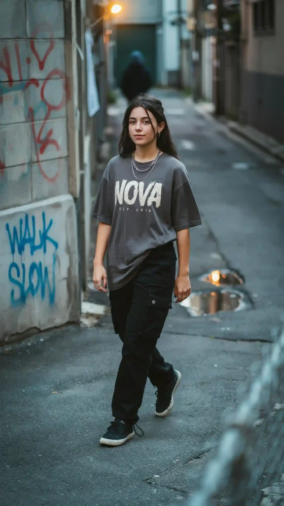 Charcoal-Graphic-Tee-with-Black-Cargo-Pants-Silver-Chain-Necklace-and-Black-Sneakers Charcoal Graphic Tee with Black Cargo Pants, Silver Chain Necklace, and Black Sneakers