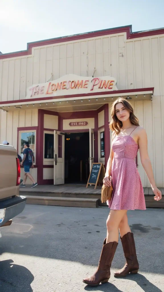 Checkered-Sundress-and-Tall-Western-Boots Checkered Sundress and Tall Western Boots