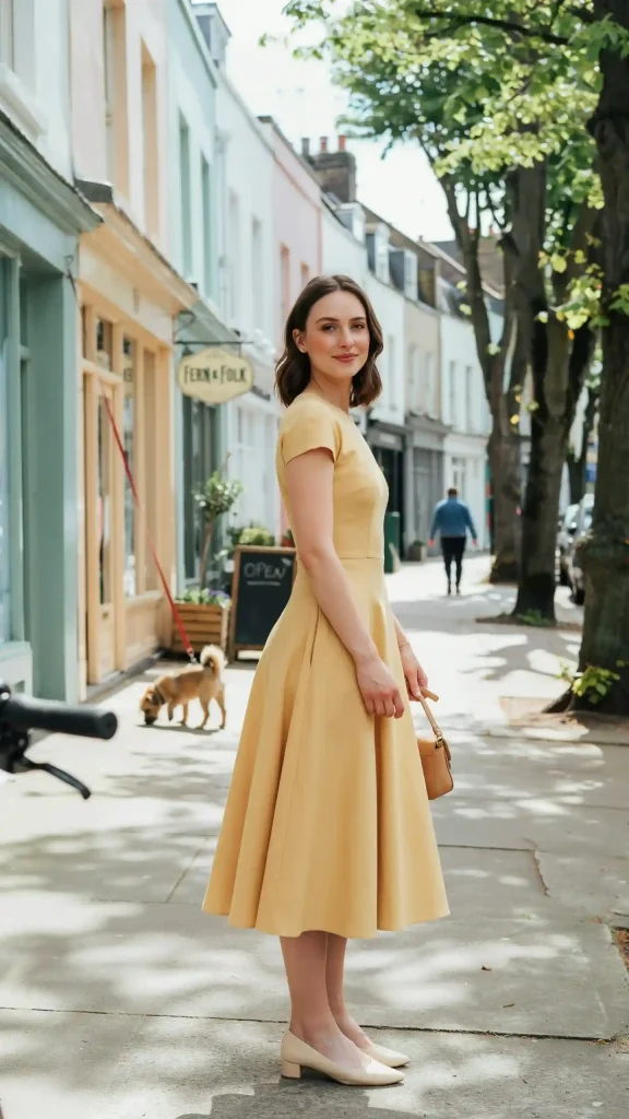 Cheerful-Professional-Style-In-Yellow-A-Line-Dress-With-Simple-Flats Cheerful Professional Style In Yellow A Line Dress With Simple Flats
