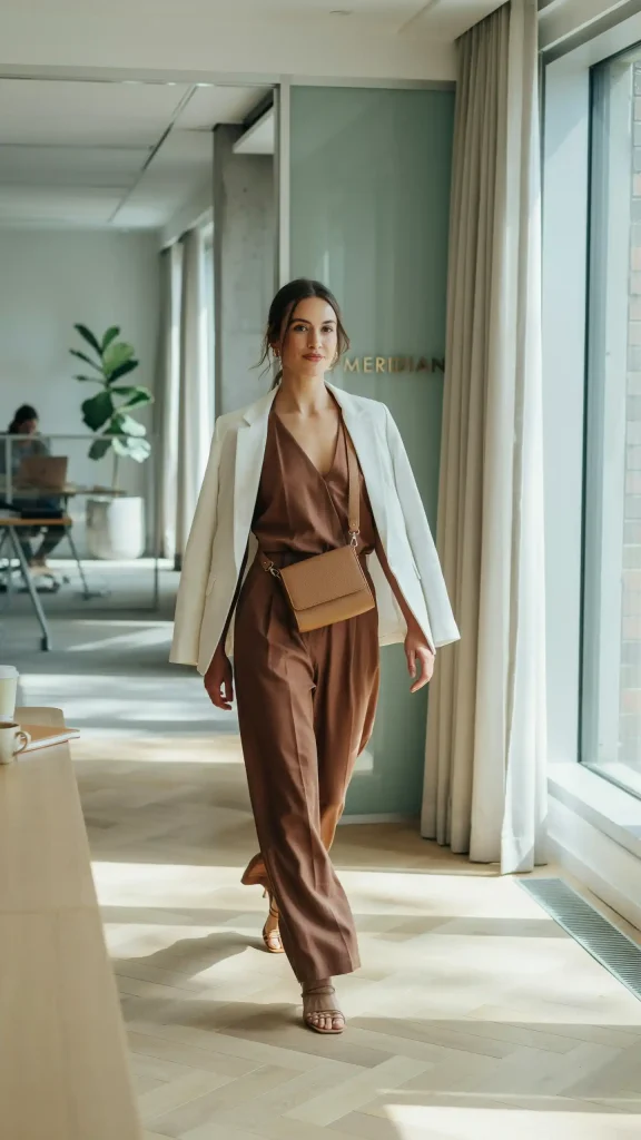 Chocolate-Brown-Halter-Neck-Jumpsuit-With-a-White-Blazer Chocolate Brown Halter Neck Jumpsuit With a White Blazer