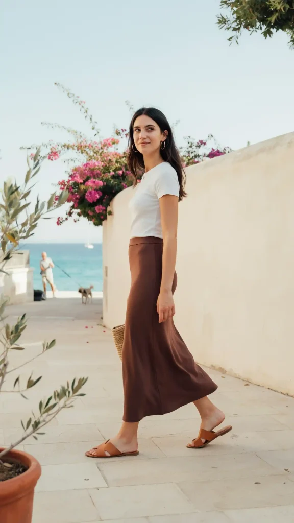 Chocolate-Brown-Maxi-Skirt-With-White-Fitted-Top Chocolate Brown Maxi Skirt With White Fitted Top
