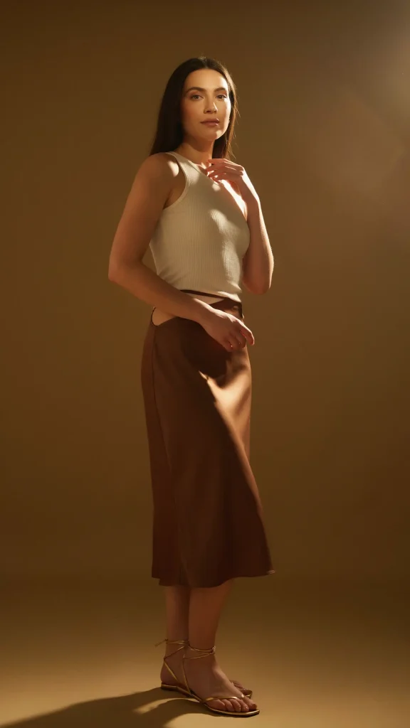 Chocolate-Brown-Slip-Skirt-Paired-with-a-Beige-Fitted-Tank-Top-and-Gold-Flat-Sandals Chocolate Brown Slip Skirt Paired with a Beige Fitted Tank Top and Gold Flat Sandals
