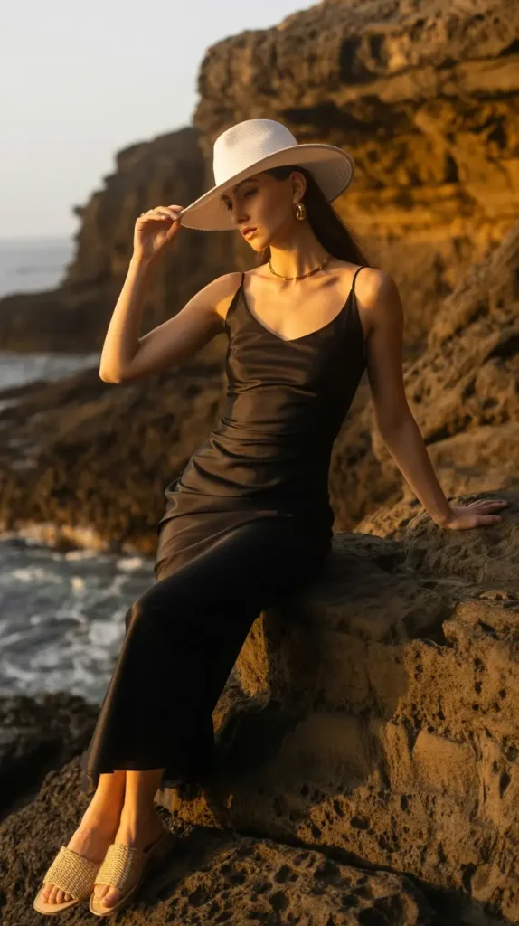 Classic-Black-Sundress-with-Coastal-Accessories Classic Black Sundress with Coastal Accessories
