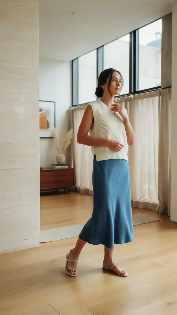 Cobalt-Blue-Slip-Skirt-Styled-with-a-White-Sleeveless-Sweater-Vest-and-Beige-Sandals Cobalt Blue Slip Skirt Styled with a White Sleeveless Sweater Vest and Beige Sandals