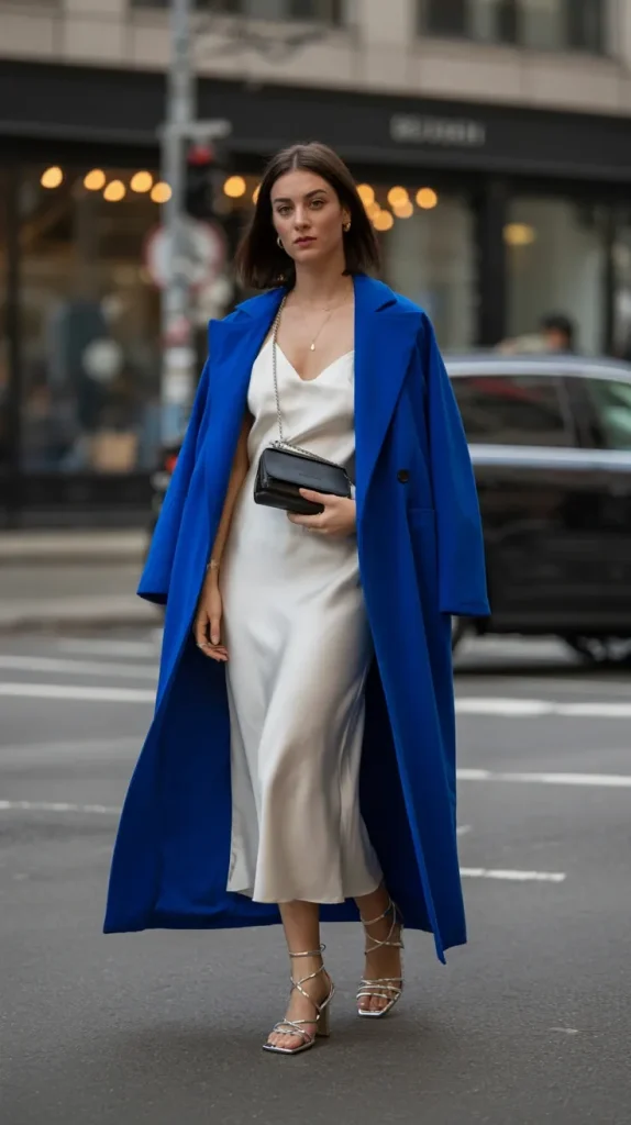 Cobalt-Blue-Statement-Coat-Over-a-White-Slip-Dress Cobalt Blue Statement Coat Over a White Slip Dress