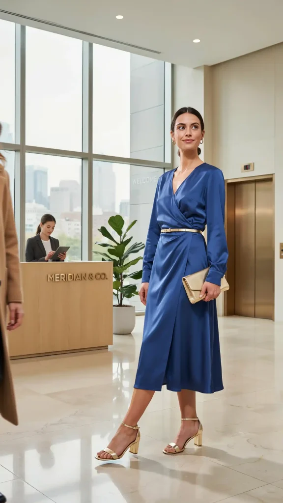 Cobalt-Blue-Wrap-Midi-Dress-With-Gold-Accessories Cobalt Blue Wrap Midi Dress With Gold Accessories