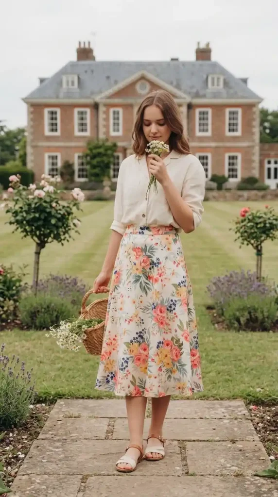 Colorful-Floral-Satin-Skirt-with-Modest-Cotton-Shirt Colorful Floral Satin Skirt with Modest Cotton Shirt