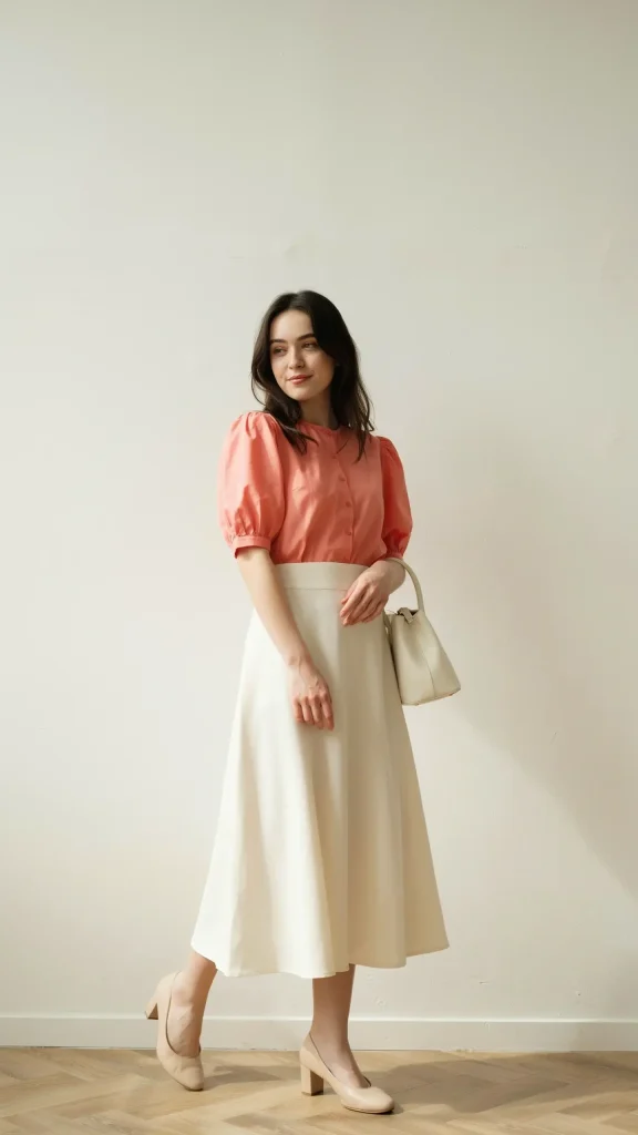 Coral-Balloon-Sleeve-Blouse-with-Cream-Midi-Skirt Coral Balloon Sleeve Blouse with Cream Midi Skirt