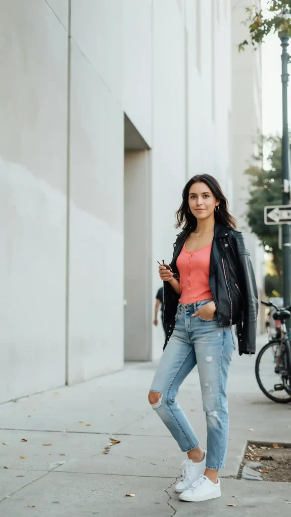 Coral-Button-Tank-Top-with-Ripped-Denim-Jeans-Casual Coral Button Tank Top with Ripped Denim Jeans Casual