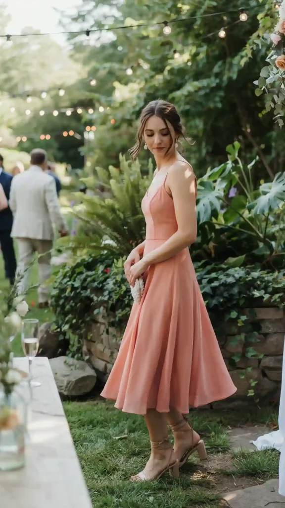 Coral-Midi-Dress-With-White-Accessories-Tan-Heels Coral Midi Dress With White Accessories & Tan Heels