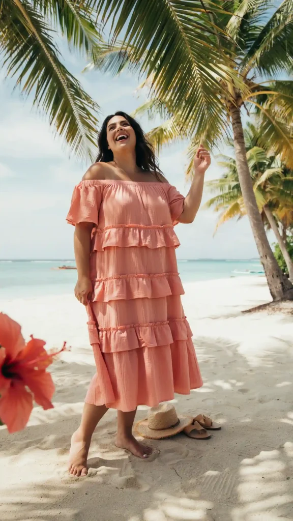 Coral-Pink-Off-Shoulder-Tiered-Ruffle-Dress Coral Pink Off-Shoulder Tiered Ruffle Dress