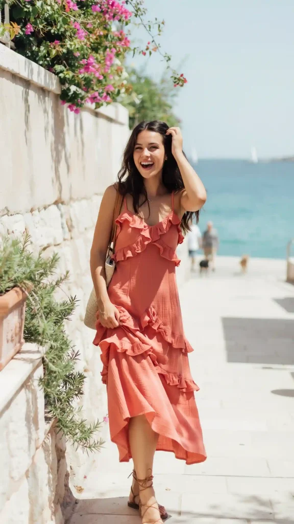Coral-Ruffle-Flowy-Maxi-with-Lace-Up-Flat-Sandals Coral Ruffle Flowy Maxi with Lace Up Flat Sandals