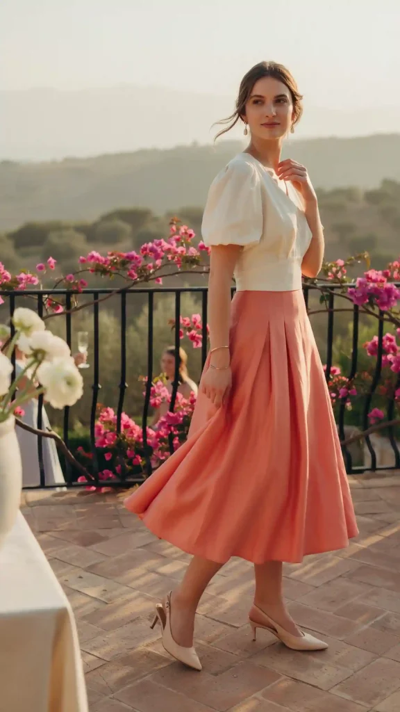 Coral-Satin-Skirt-with-Puff-Sleeve-Blouse-For-Celebration-Occasion-Styling Coral Satin Skirt with Puff Sleeve Blouse For Celebration Occasion Styling