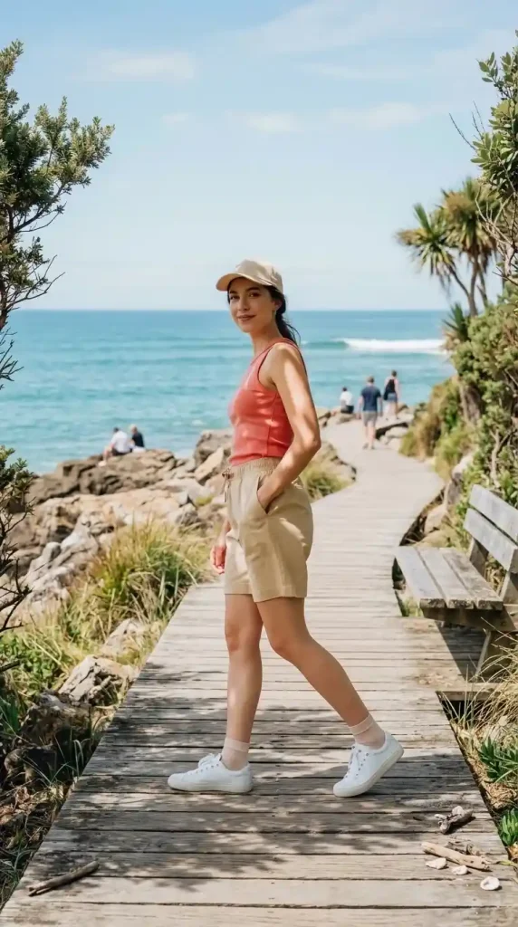 Coral-Sleeveless-Tank-Top-with-Relaxed-Khaki-Shorts Coral Sleeveless Tank Top with Relaxed Khaki Shorts