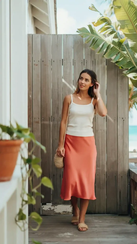 Coral-Slip-Skirt-Styled-with-a-Cream-Tank-Top-and-Raffia-Sandals Coral Slip Skirt Styled with a Cream Tank Top and Raffia Sandals