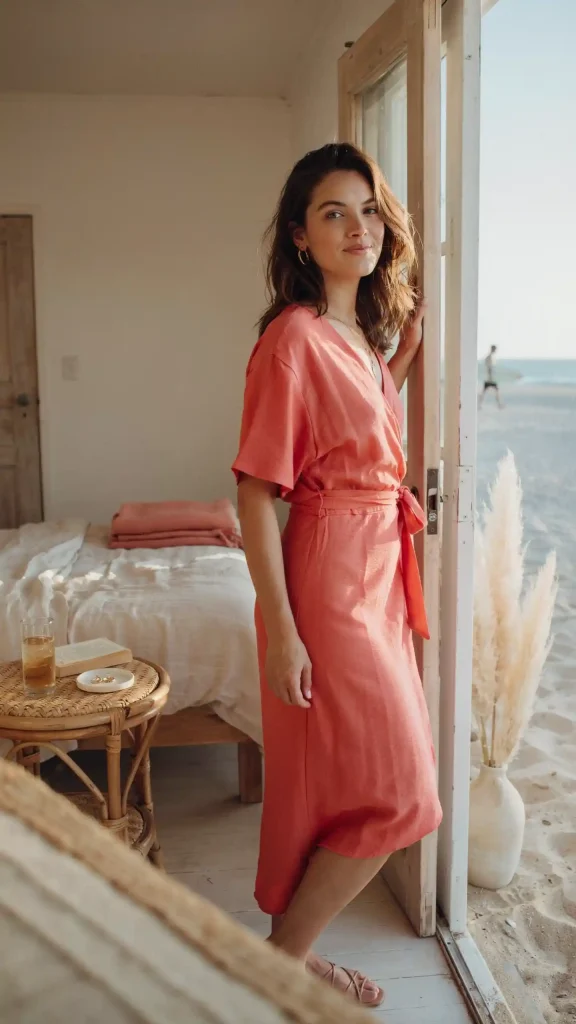 Coral-Wrap-Dress-with-Gold-Hoop-Earrings-Beach-Dinner-Look Coral Wrap Dress with Gold Hoop Earrings Beach Dinner Look