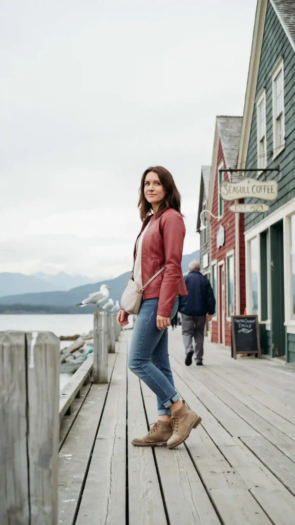 Cranberry-Softshell-Jacket-with-Slate-Blue-Denim-Outfit Cranberry Softshell Jacket with Slate Blue Denim Outfit