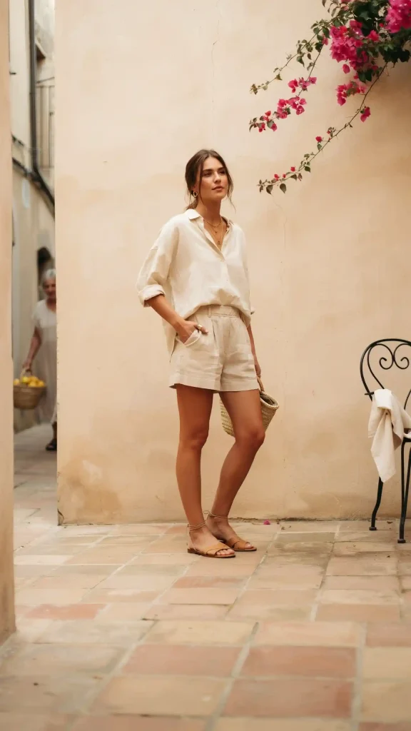 Cream-Blouse-With-Linen-Shorts-Vintage-Accessories Cream Blouse With Linen Shorts & Vintage Accessories