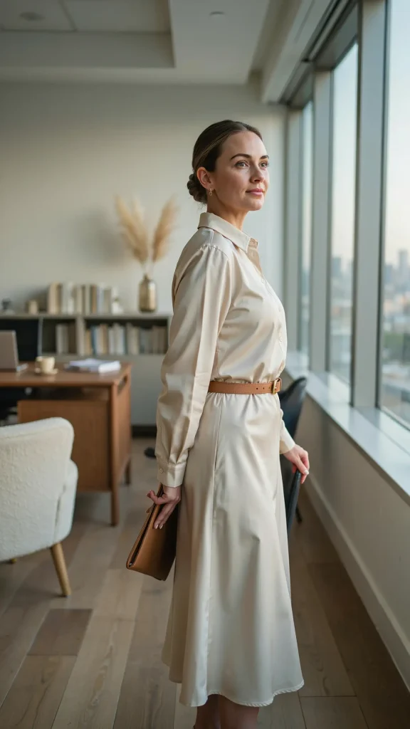 Cream-Button-Down-Dress-Belted-Chic-Office-Summer-Elegance-Look Cream Button Down Dress Belted Chic Office Summer Elegance Look