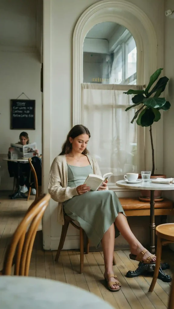 Cream-Cardigan-With-Simple-Midi-Dress-Underneath Cream Cardigan With Simple Midi Dress Underneath