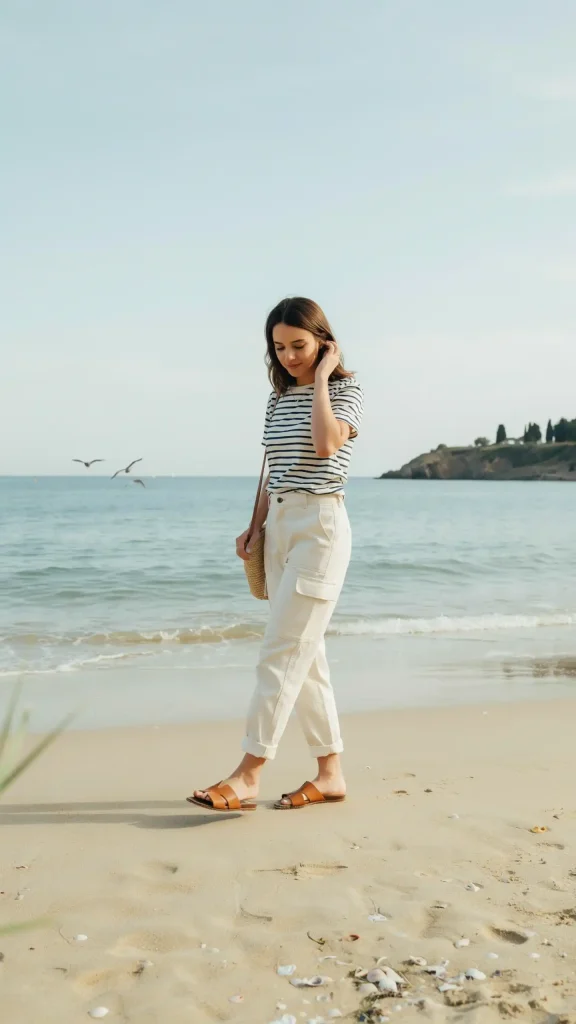 Cream-Cargo-Pants-With-Striped-Cotton-Crop-T-Shirt-Outfit Cream Cargo Pants With Striped Cotton Crop T-Shirt Outfit