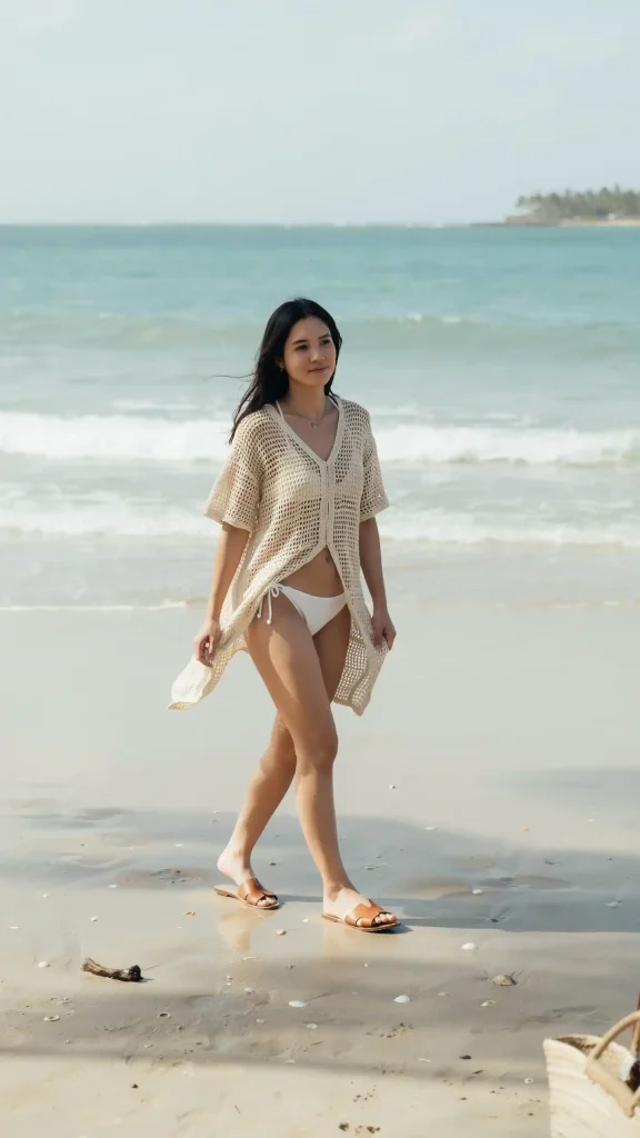 Cream-Crochet-Beach-Cover-Up-Over-A-White-Bikini Cream Crochet Beach Cover Up Over A White Bikini