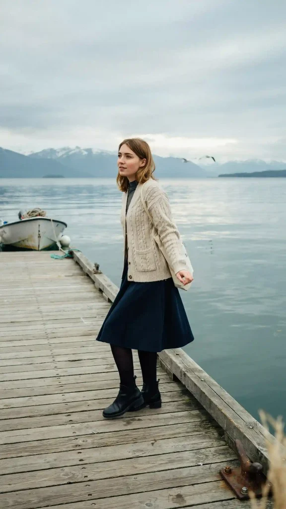 Cream-Knit-Cardigan-With-Navy-Midi-Skirt-Black-Tights Cream Knit Cardigan With Navy Midi Skirt & Black Tights