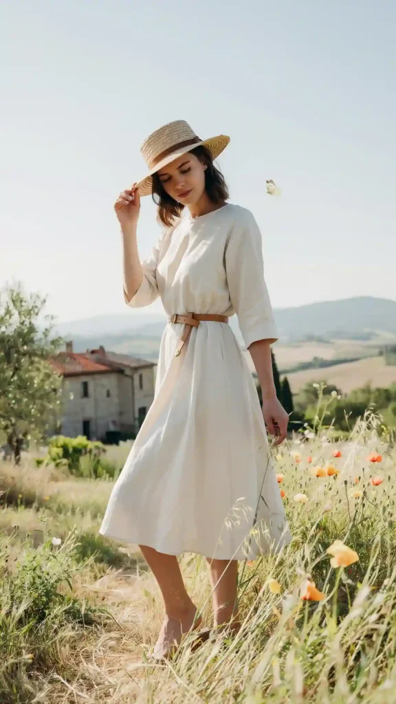 Cream-Linen-Midi-Dress-With-Brown-Leather-Belt Cream Linen Midi Dress With Brown Leather Belt