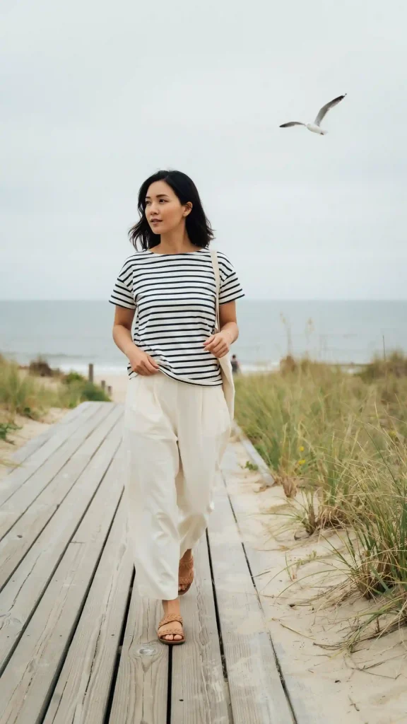 Cream-Linen-Pants-With-Navy-Stripe-Top Cream Linen Pants With Navy Stripe Top