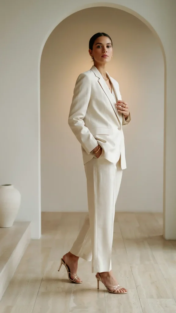 Cream-Linen-Tailored-Two-Piece-Suit-With-Strappy-Heels Cream Linen Tailored Two-Piece Suit With Strappy Heels