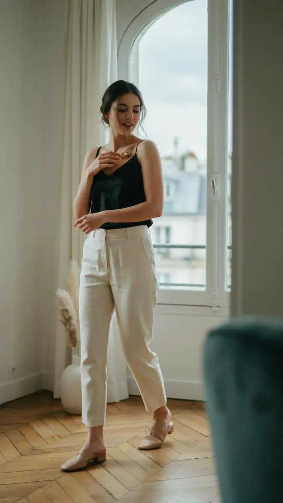 Cream-Linen-Trousers-With-Black-Silk-Camisole Cream Linen Trousers With Black Silk Camisole
