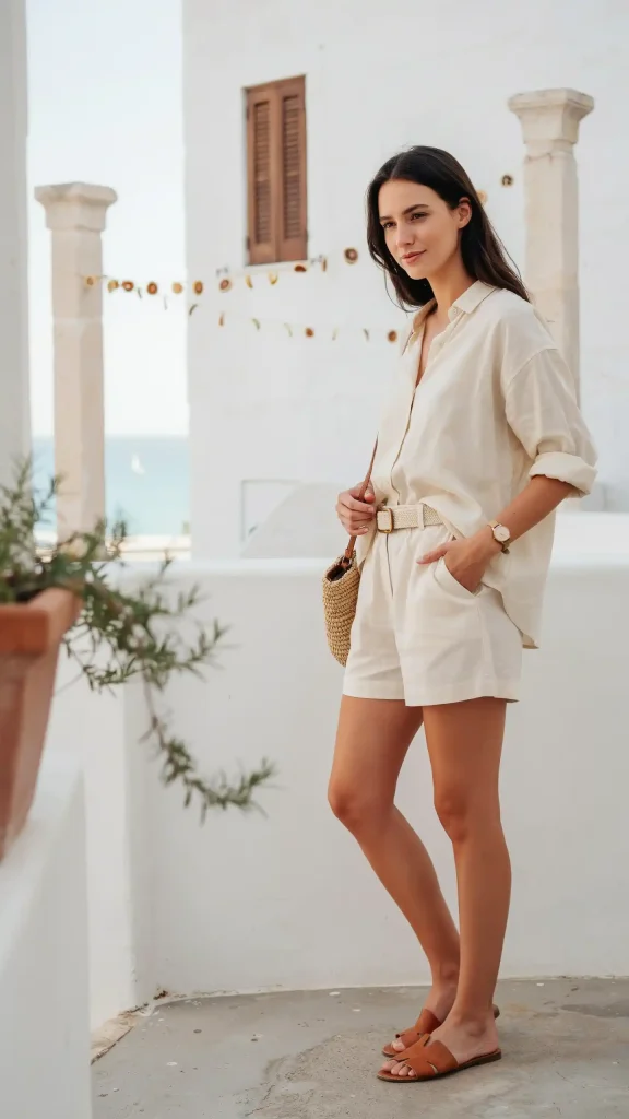 Cream-Oversized-Shirt-Paired-With-Relaxed-Linen-Shorts Cream Oversized Shirt Paired With Relaxed Linen Shorts