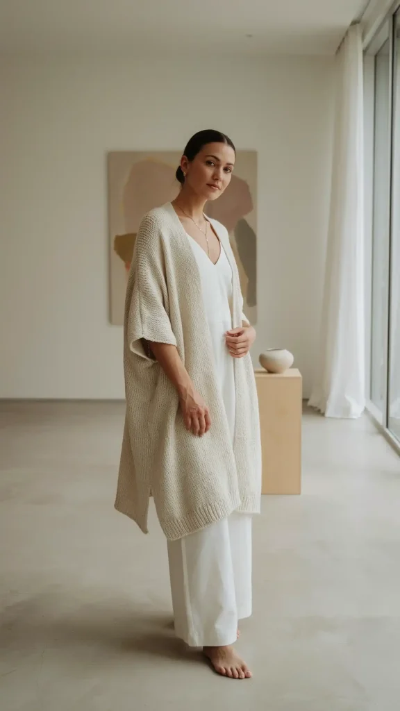 Cream-Poncho-Layered-Over-Jumpsuit-with-Minimal-Accessories-Look Cream Poncho Layered Over Jumpsuit with Minimal Accessories Look
